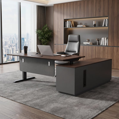71" L-Shaped Executive Standing Desk with Drawers, Built-In Power Outlets and Privacy Panel, Height-Adjustable Standing Office Desk for Executive and Home Offices, Walnut Desk