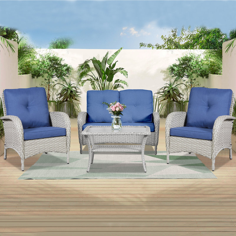 Aluel Wicker 4 - Person Patio Conversation Set with Cushions, Light Gray/Blue
