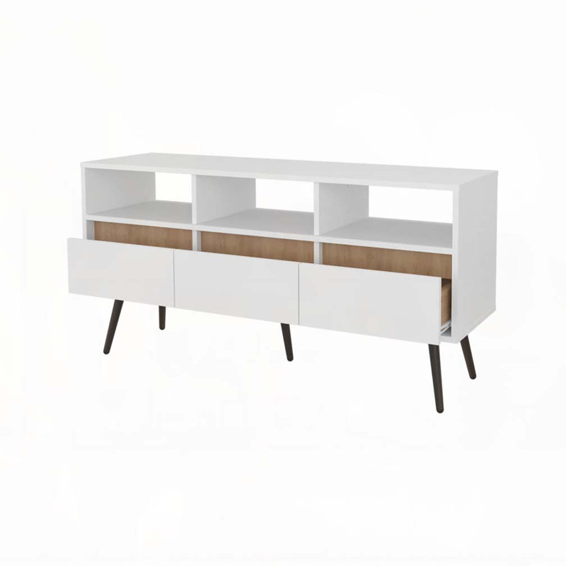 Meuble télé 47 po avec tablettes polyvalentes - trois tiroirs et tablettes ouvertes, chêne naturel blanc pour l'organisation du salon