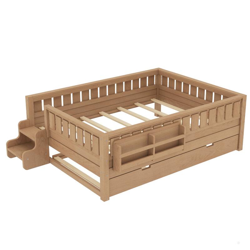 Wooden Bed With Built-In Bookshelves And Trundle, Natural, Full