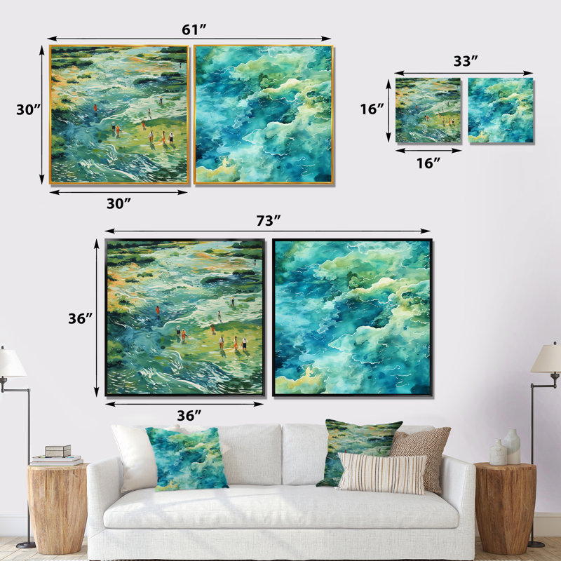 «Green Peaceful Tide Pools I - Coastal Minimalisme», ensemble de 2 reproductions d'art mural, Cadre flottant doré