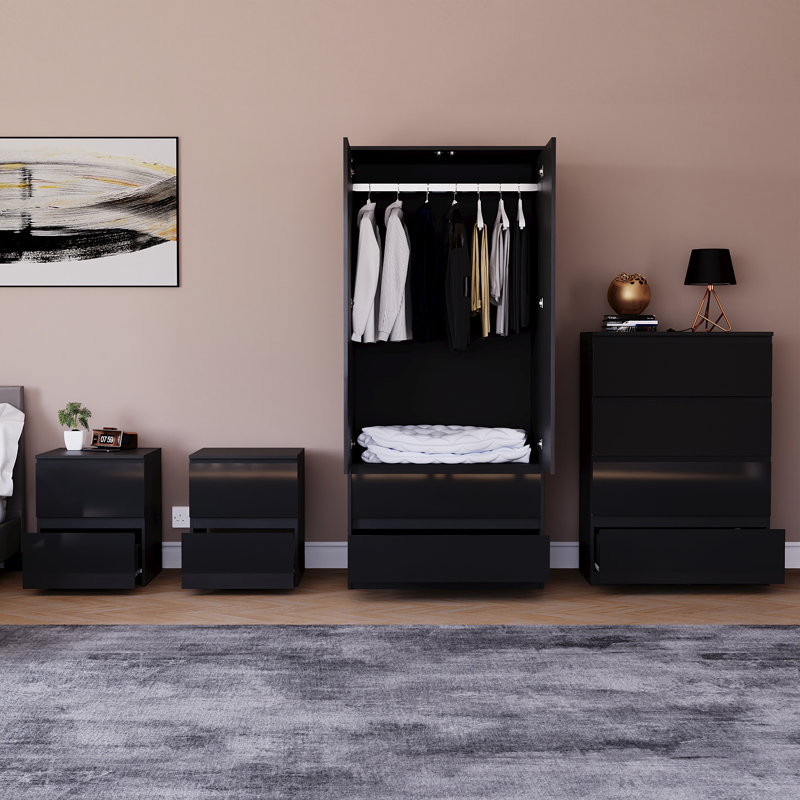 Taniesha 4 Piece Bedroom Set (2 Drawer Bedside Chest X2, 3 Drawer Chest, 2 Door 2 Drawer Wardrobe), (100% FSC), Black