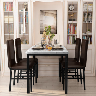 Dining Table Set For 4, 5-Piece Kitchen Table And Chairs, Rectangular Dining Table Set With Four Black Chairs And Marble Top, Dining Table Set With Ba by Winston Porter