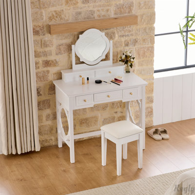 Makeup Vanity Table with Reversible Mirror and Stool