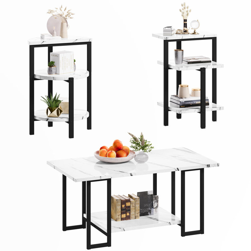 Ensemble de tables basses 3 pièces en faux marbre - Rangement à plusieurs niveaux, ensemble de table de salon moderne nordique pour petits espaces et appartements