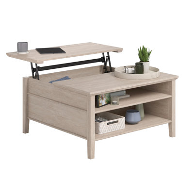 Lift - Top Coffee Table, Brown Oak Finish, Spacious Surface For Yoga, Hidden Storage Blankets, Open Shelving Controllers, Build Home Use,Square, Simpl