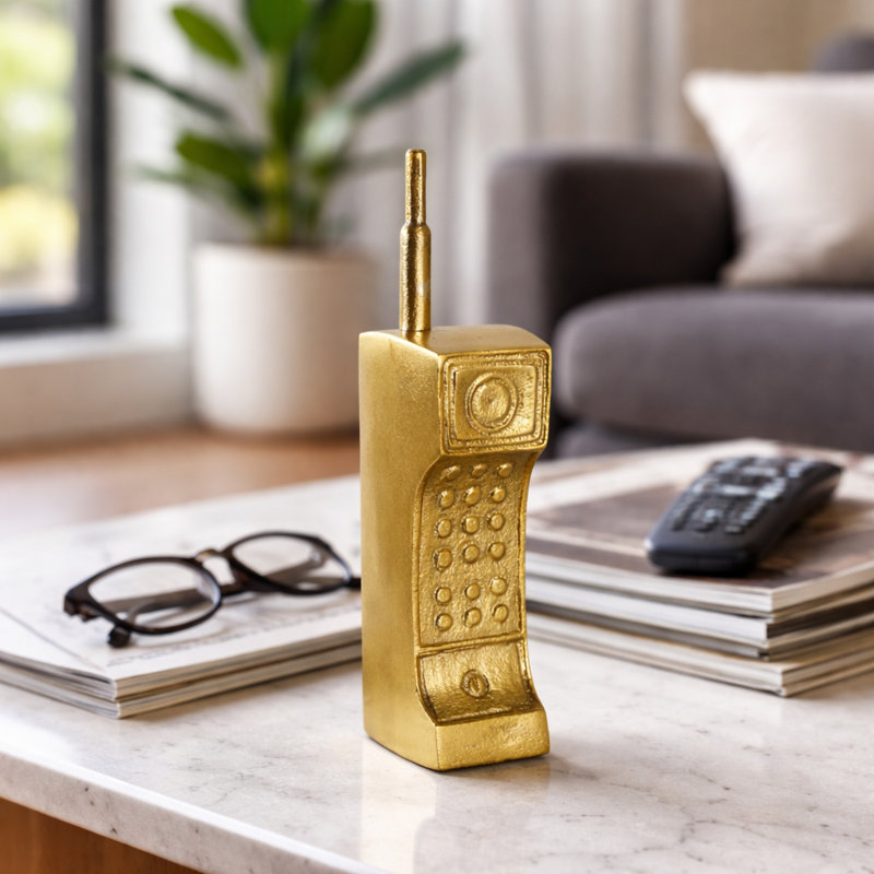 Decorative Cordless Phone Figurine Sculpture for Home Decor - Unique Metal Object Statue Accent for Office, or Living Room Decoration - 8", Gold