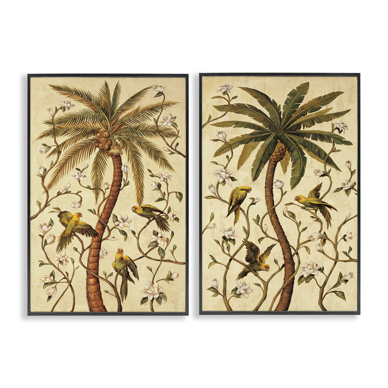  Perroquets et courbes de palmiers, ensemble de 2 giclées par Rodolfo Jimenez, H 24 po x l 16 po, Giclée encadrée noir minuit