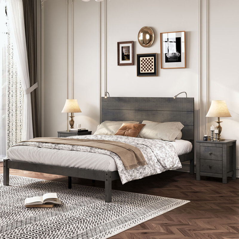 Ensemble de chambre à coucher 3 pièces, Grand lit, Gris antique