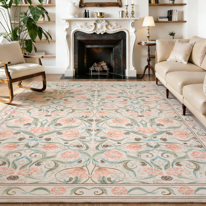 Area Rug, Floral Washable Rugs, Modern Style, Non-Slip Low-Pile Soft Floor Carpet for Bedroom, Living Room, Dining Room