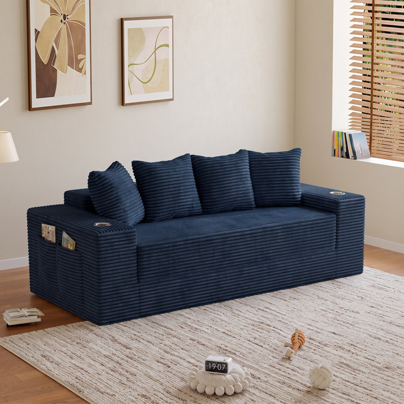 Upholstered 78 " Cotton Sofa, Blue