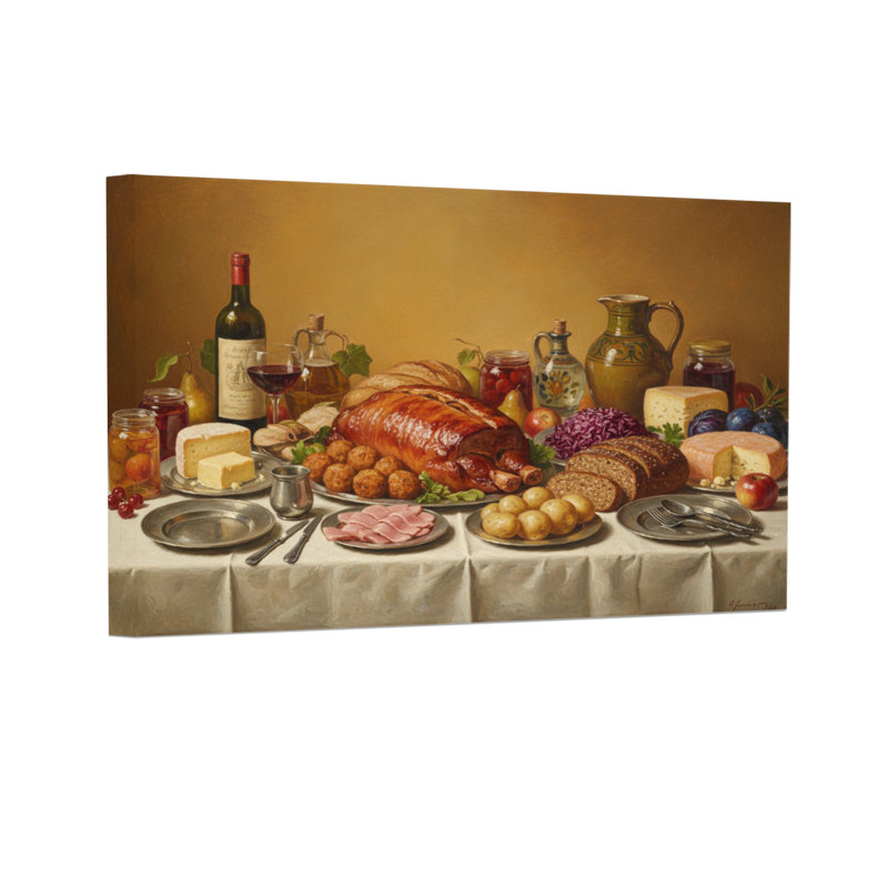 Fête de la mode et de la nature morte avec nourriture et vin, H 24 po x l 36 po