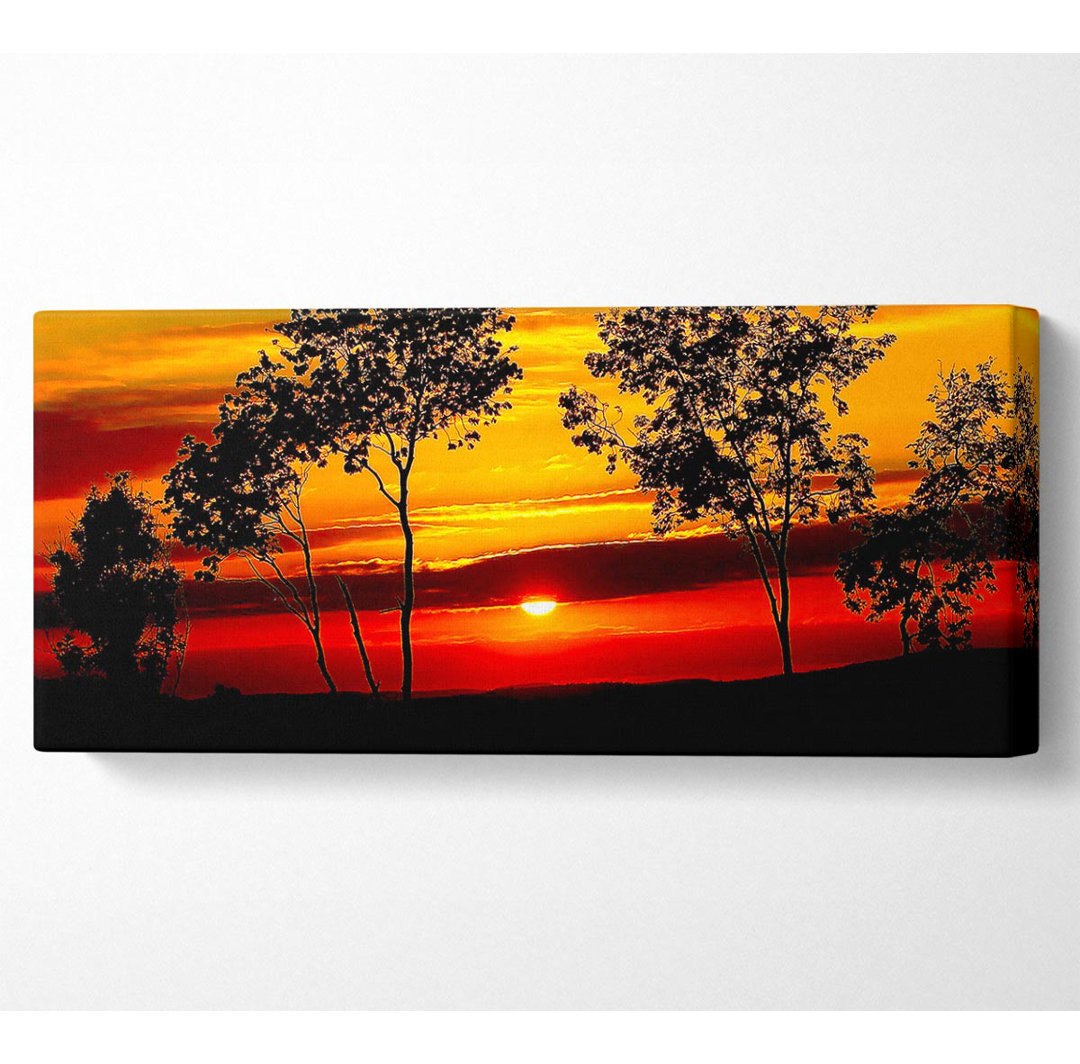 Roter Sonnenaufgang durch die Bäume - Panorama-Kunstdrucke auf Canvas-Leinwand