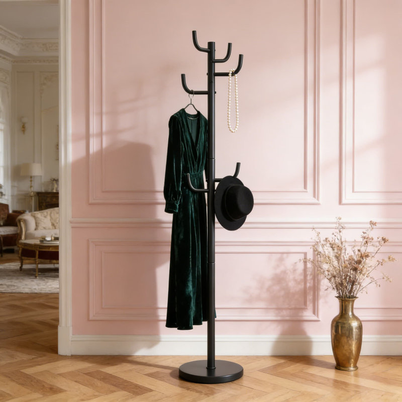 Portemanteau autoportant avec 8 crochets, portemanteau en métal robuste avec base élargie pour vestibule, pouvant accueillir vestes, chapeaux, sacs et parapluies