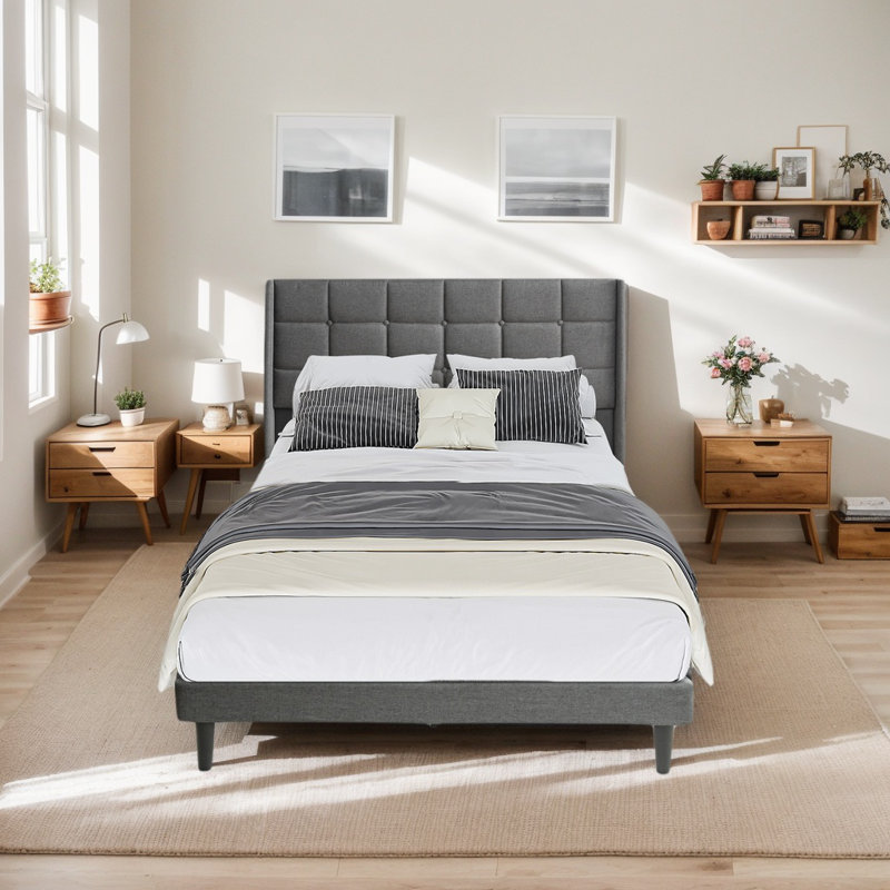 Button-Tufted Linen Upholstered Bed, Queen, Dark Gray 2