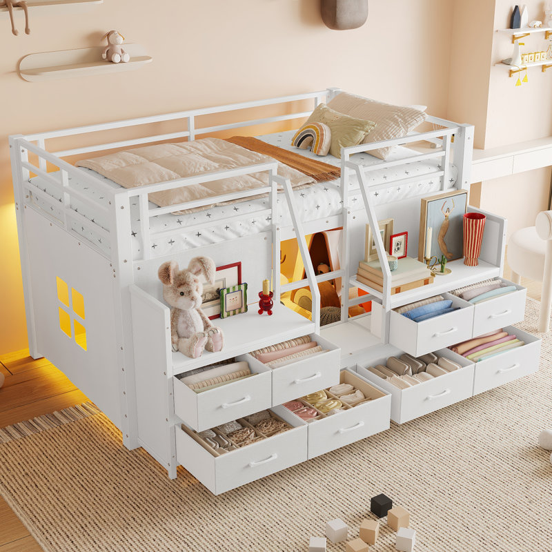 Lit simple mezzanine bas avec tiroirs de rangement, tablettes et lumières, lit mezzanine en métal avec espace sous le lit, sans sommier, blanc