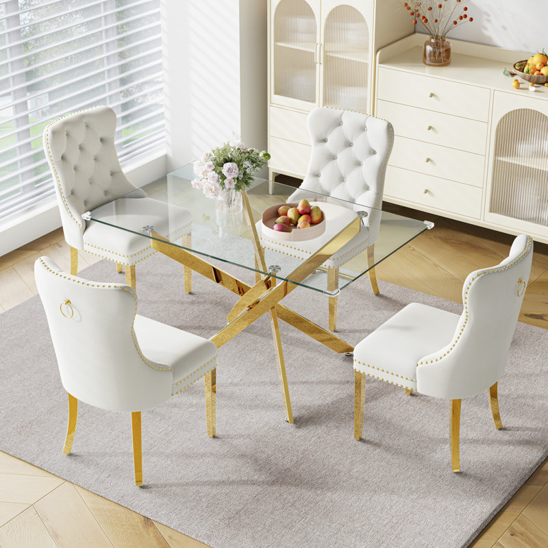 5-Piece Dining Set With Tempered Glass Table & Velvet Upholstered Chairs – Modern Dining Set For 4, Gold, White/Gold