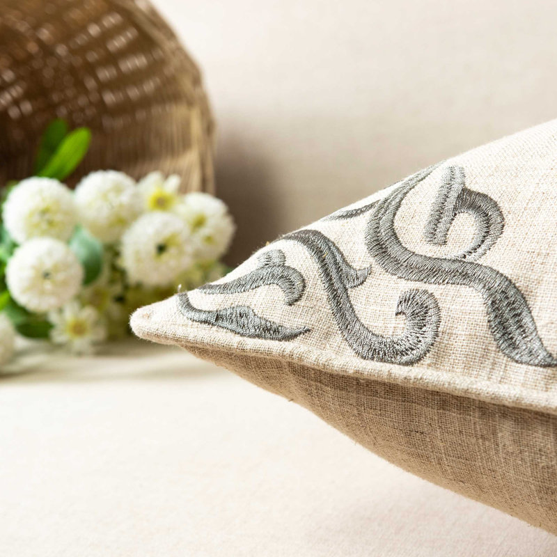 Saito Embroidered Linen Reversible Throw Pillow, Iron/Steel