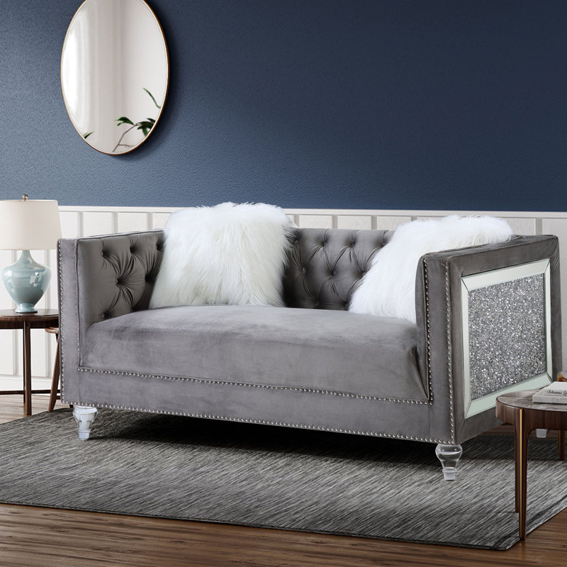 Causeuse Addiel avec 2 coussins en velours gris, Velours gris velours