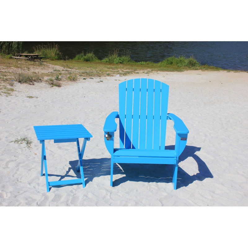Chaise Adirondack pliante en bois massif avec table Pankow, Bleu sarcelle