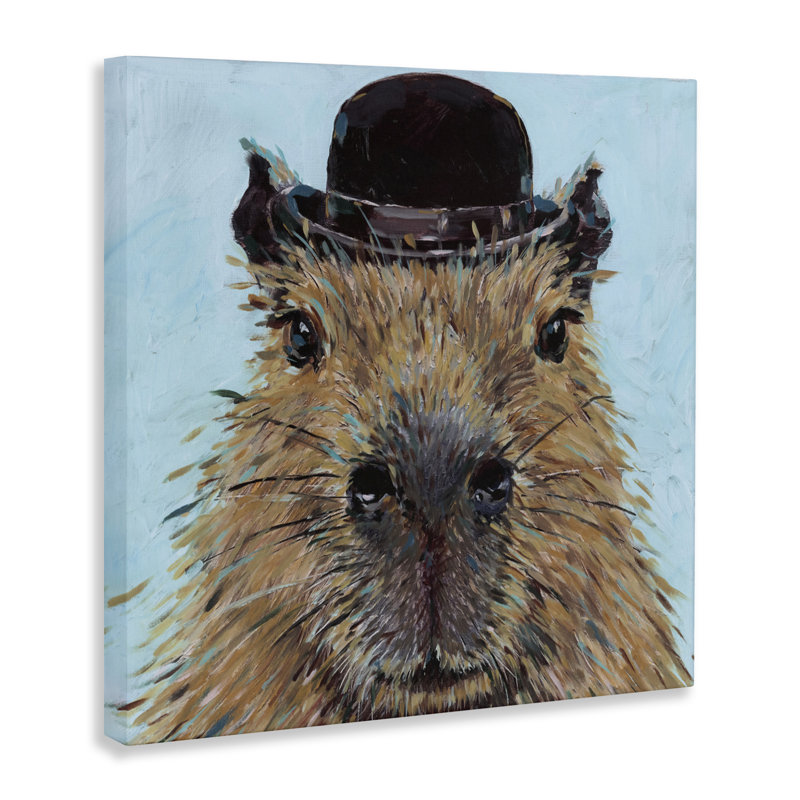 Closeup Capybara with Hat Canvas, design by Studio Bautista, 17" H x 17" W