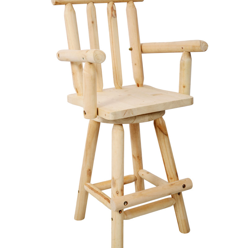 Tabouret de pub rustique avec pivot à 360 °, bois de sapin, brun, accoudoirs et repose-pieds pour une expérience relaxante et agréable