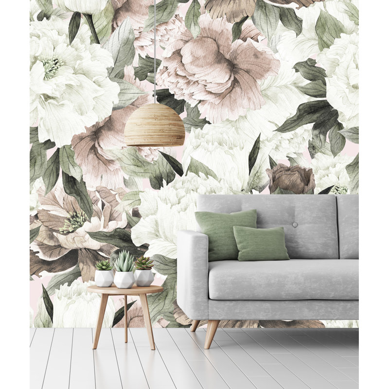 Papier peint à motif de fleurs de pivoines pour enfants Draughn, l 187 po x L 106 po