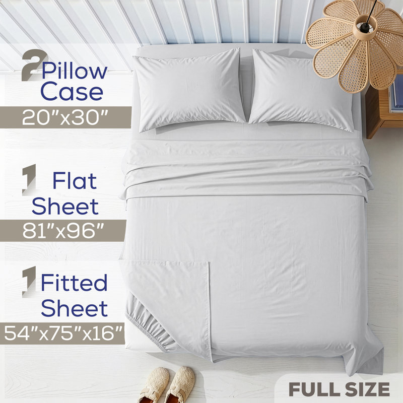 Ensemble de draps en percale 100% coton lavé - comprend 1 drap plat, 1 drap-housse et 2 taies d'oreiller, Light Gray