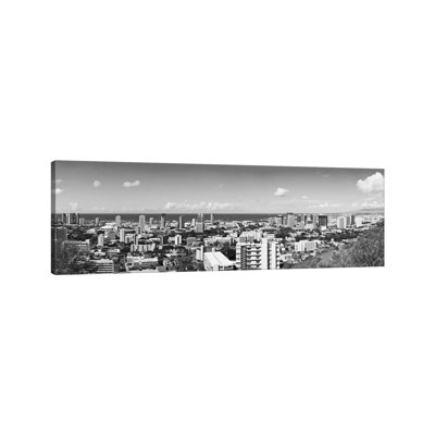 Honolulu Panoramic Skyline Cityscape (Black & White) 1 Piece Wrapped Canvas Panoramic Wall Art
