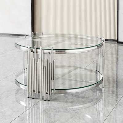 Round Glass Coffee Table with Silver Stainless Steel Frame