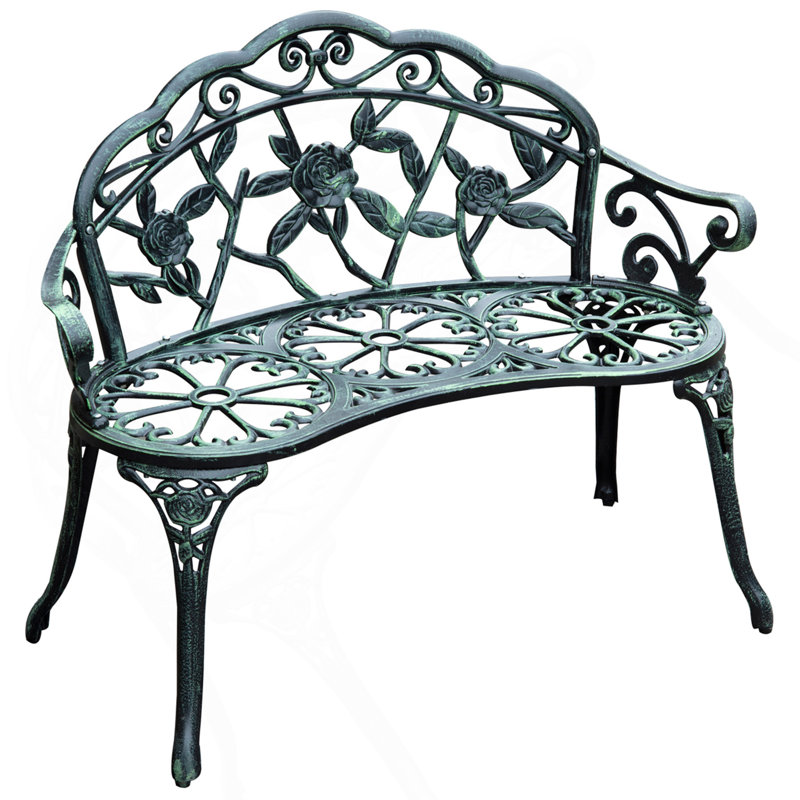 Outsunny Outdoor Bench, Cast Aluminum Outdoor Furniture, Metal Bench With Floral Rose Accent & Antique Finish, Green