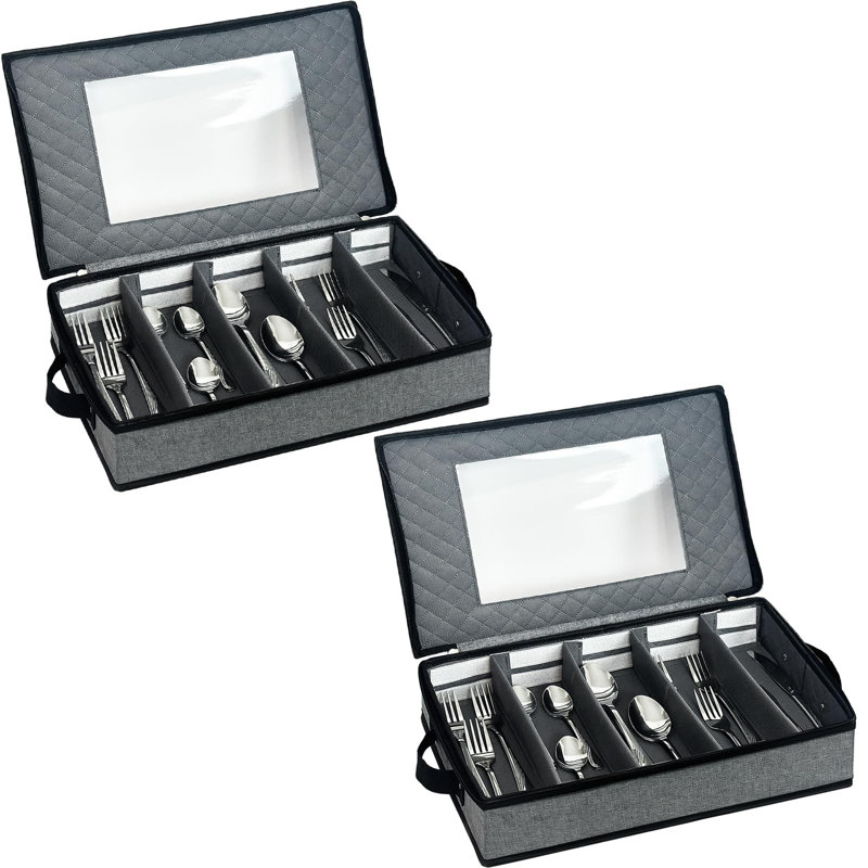 Ensemble de 2 ustensiles de rangement pour couverts - boîte de rangement pour couverts avec cloisons, étui à couverts à 5 compartiments avec poignées et couvercle amovible (gris foncé)