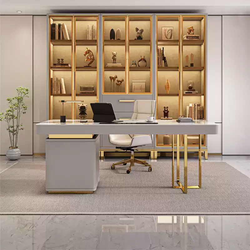 Bureau de luxe en pierre frittée clair, H 29,53 po x l 62,99 po x P 27,56 po