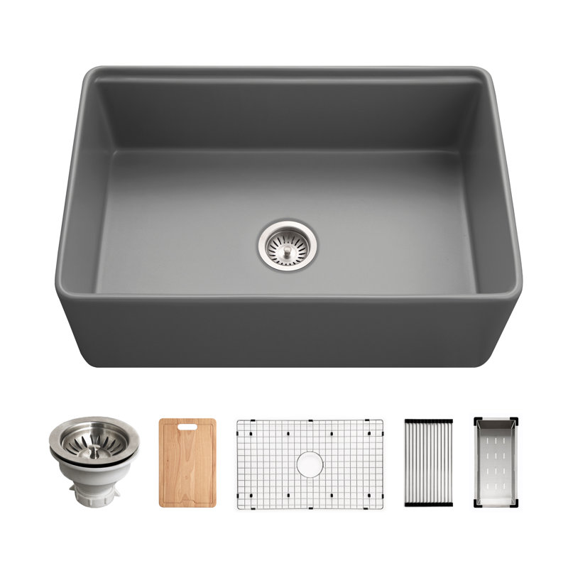 Poste de travail simple à tablier frontal en argile réfractaire 30 po avec accessoires Houzer, Gris