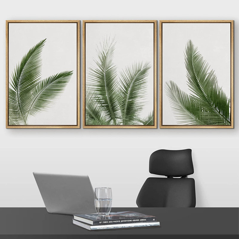 «Minimal Botanical Green Tropical Jungle Palm Tree Leaf Botanical Simple Décor», reproduction d'art encadrée sur toile 3 pièces