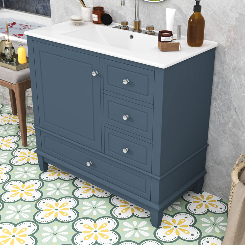 Meuble-lavabo autoportant avec lavabo en céramique, 3 tiroirs et trous de robinet pré-percés, Bleu gris