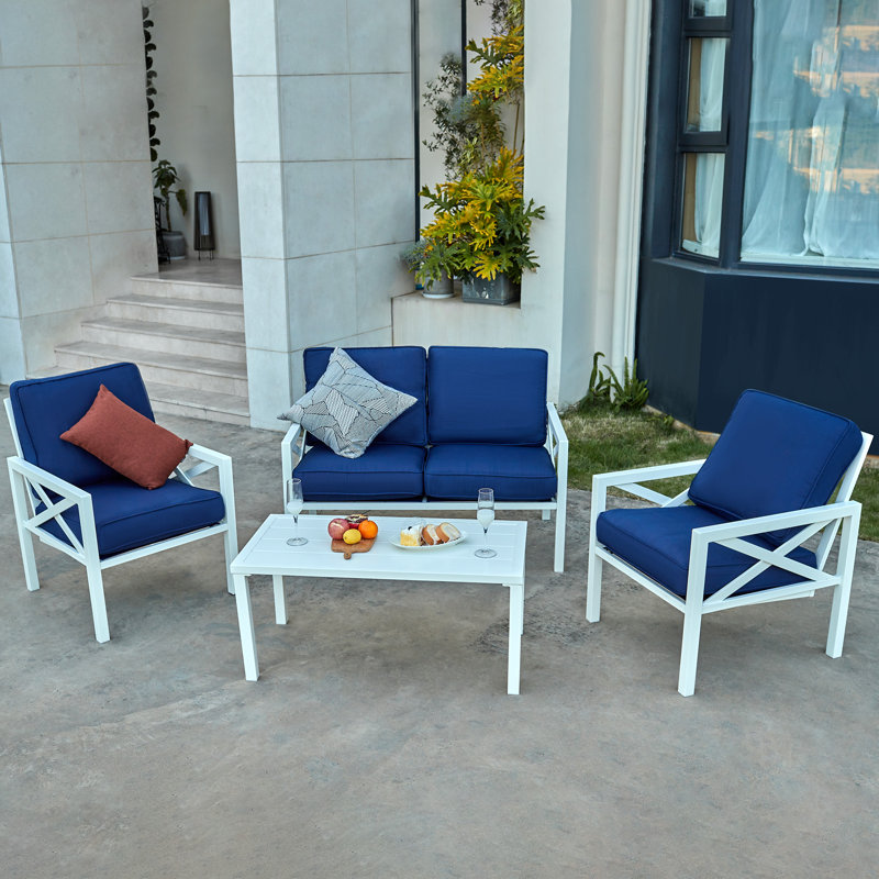 Myrtlene 4-Person Outdoor Seating Group with Cushions , Blue Cushion/White Frame