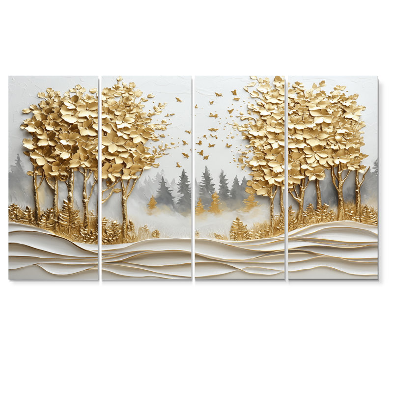 «Blue Gold Pine Tree Misty Mountain Mornings IV», ensemble d'art mural pin, H 32 po x l 64 po
