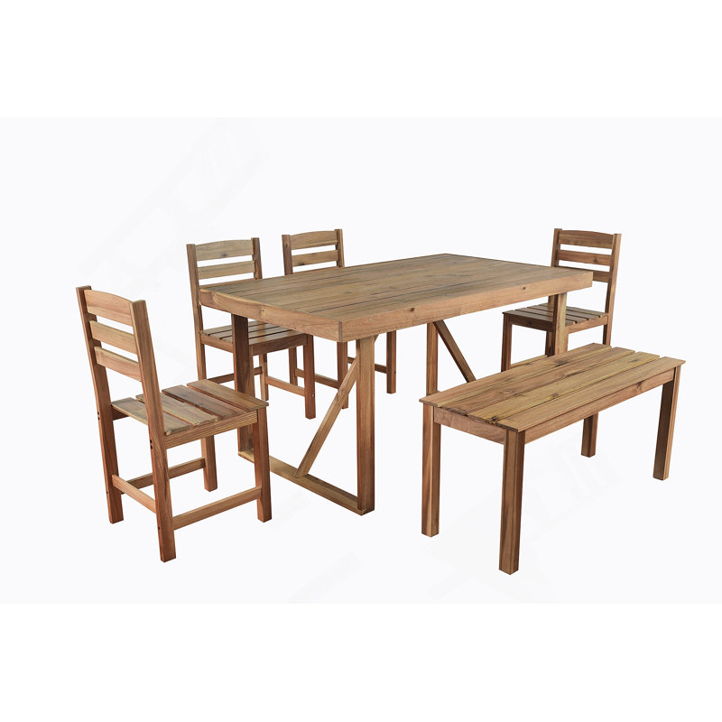 Acacia Wood Outdoor Dining Set (1 Table + 1 Bench + 4 Chairs) For Patio, Balcony, Backyard, Natural Wood