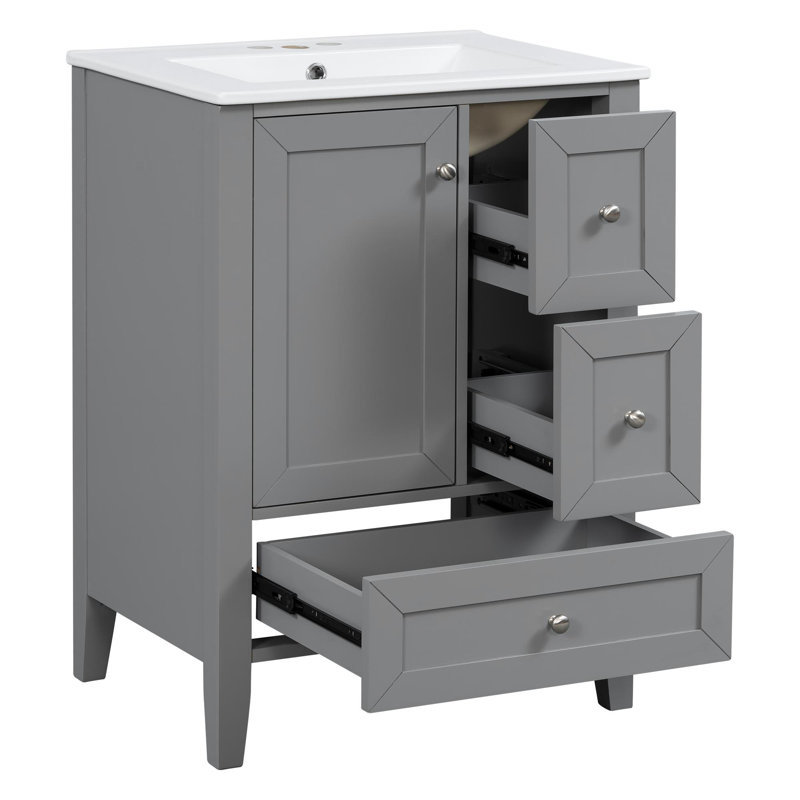 Meuble-lavabo autoportant de 24 po avec lavabo et rangement, Gris