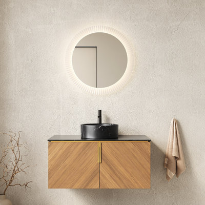 Meuble-lavabo 36 po, comptoir en pierre frittée noire, lavabo rond en céramique, finition grain de chêne brun, armoire à deux portes, système de fermeture en douceur
