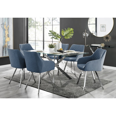 Lenworth Chrome and Glass Rectangular Dining Table Set with 6 Luxury Upholstered Fabric Chairs