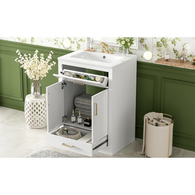 Meuble-lavabo blanc de 24 po avec lavabo en céramique, armoire à 2 portes, 1 tiroir basculant, convenant aux petits espaces spacieux et élégants, avec caractéristiques
