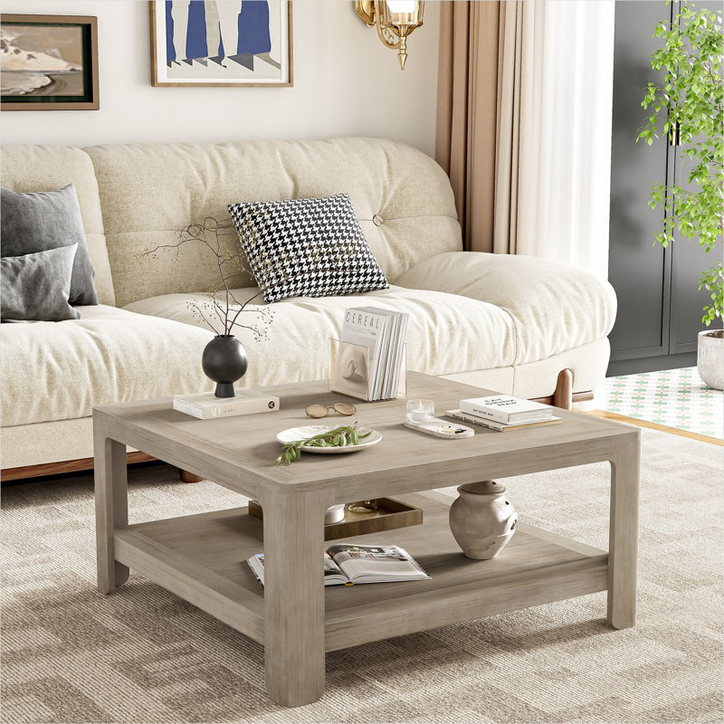 Table basse carrée avec finition gris ardoise et rangement à deux niveaux, idéale pour l'organisation du salon