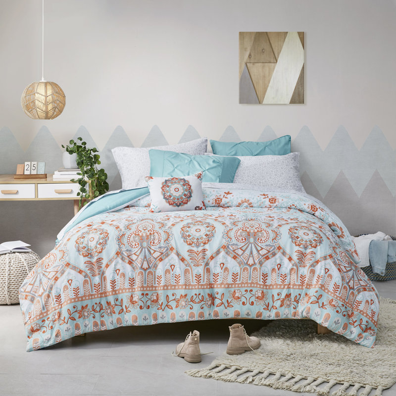 Twin Aqua and Orange Microfiber Boho Bed in a Bag Set
