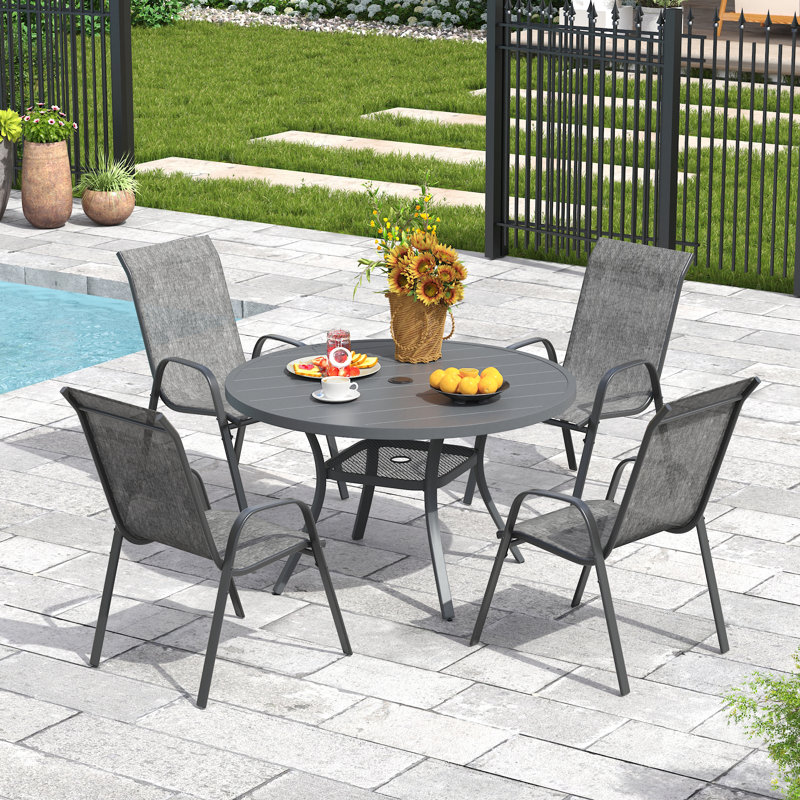 4-Person Outdoor Round Patio Dining Set With Stackable Chairs, Gray, Gray