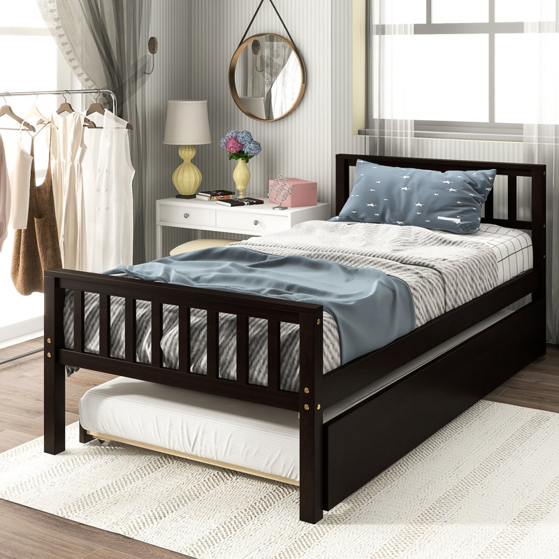 Twin Bed With Trundle, Platform Frame Headboard And , No Box Spring Needed For Small Living Areas In Bedroom, Pull - Out Trundle Guest Bed, Space Saving Concept, Pine, Quick Assembly Great Limited