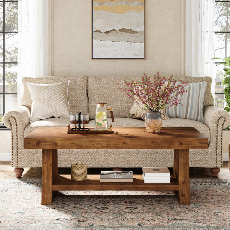 Rectangular Solid Wood Coffee Table, 47-inch Real Wood Center Table With Storage, Natural