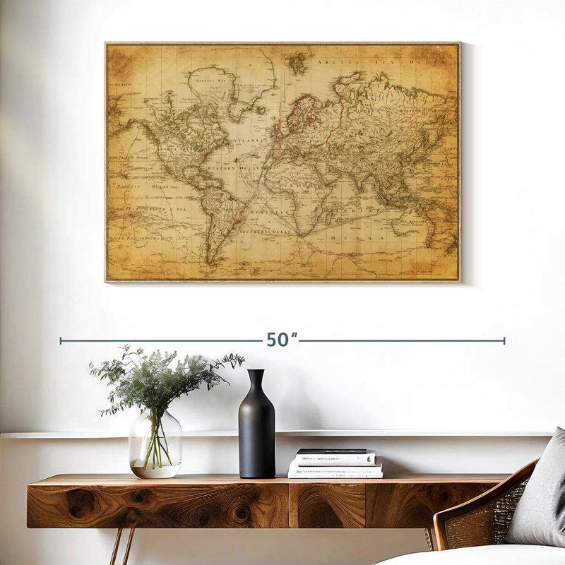 Carte du monde de l'Ancien siècle, Cadre flottant en bois naturel, 40 po x 27 po