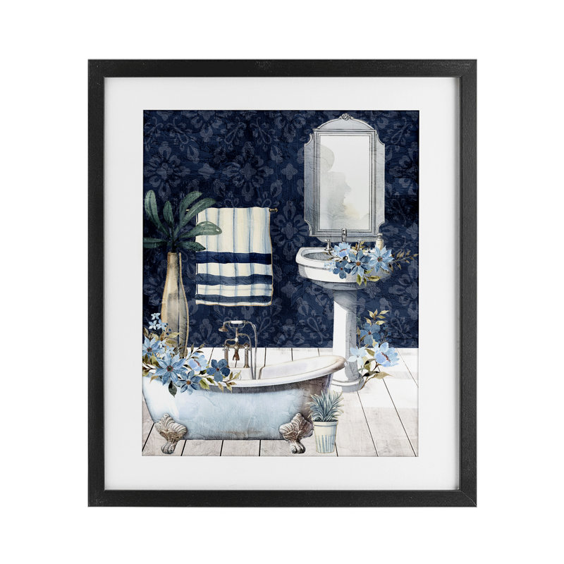 «Blue Bath Floral», reproduction encadrée sous verre, conception de Kim Allen, H 16 po x l 13 po, Cadre noir minuit